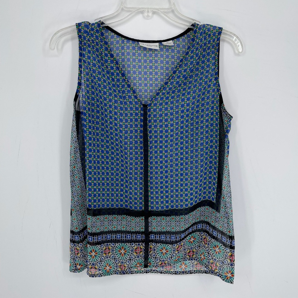 Liz Claiborne Women's Blue Geometric Mosaic V-Neck Blouse Boho Tank Top Size SP